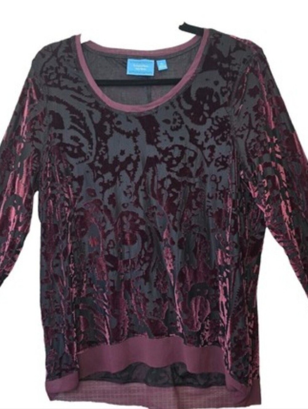 Vera Wang Black Velvet Burnout Long Sleeve Tee with Subtle Burgundy Accents